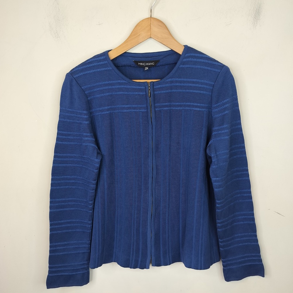 Ming Wang Knit Jacket Zip Up Petite Medium PM Textured Professional Blue Acrylic